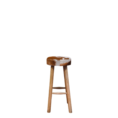 Tabouret de Bar Rond Bois & Peau de Vache Marron et Blanc Bars meublespin.fr - mobilier et de décoration de style montagne ou chalet- meubles en pin, mobilier en bois massif de qualité, canapés convertibles - https://meublespin.fr
