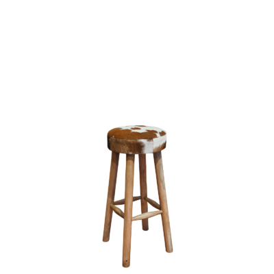 Tabouret de Bar Rond Bois & Peau de Vache Marron et Blanc Bars meublespin.fr - mobilier et de décoration de style montagne ou chalet- meubles en pin, mobilier en bois massif de qualité, canapés convertibles - https://meublespin.fr