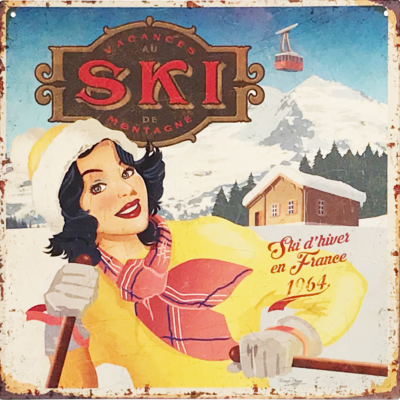 Plaque métal – Ski d&rsquo;hiver en France 1964 – skieuse – 29 x 29 cm Cadres et déco meublespin.fr - mobilier et de décoration de style montagne ou chalet- meubles en pin, mobilier en bois massif de qualité, canapés convertibles - https://meublespin.fr