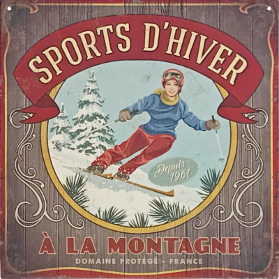 Plaque métal – Sports d&rsquo;hiver à la montagne 1961 – skieuse – 29 x 29 cm Cadres et déco meublespin.fr - mobilier et de décoration de style montagne ou chalet- meubles en pin, mobilier en bois massif de qualité, canapés convertibles - https://meublespin.fr