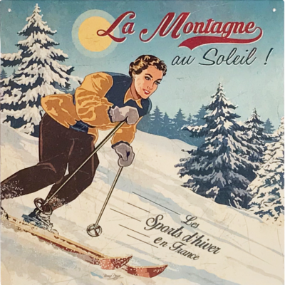 Plaque métal – La montagne au soleil – skieuse – 29 x 29 cm Cadres et déco meublespin.fr - mobilier et de décoration de style montagne ou chalet- meubles en pin, mobilier en bois massif de qualité, canapés convertibles - https://meublespin.fr