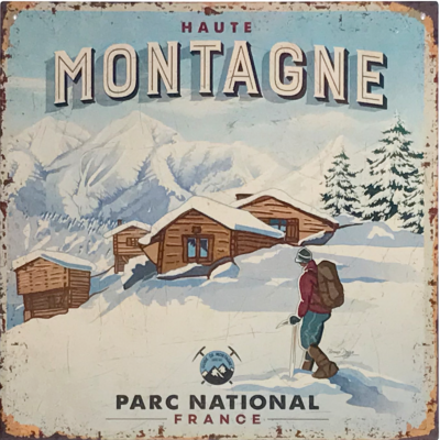 Plaque métal – Haute montagne – parc national – 29 x 29 cm Cadres et déco meublespin.fr - mobilier et de décoration de style montagne ou chalet- meubles en pin, mobilier en bois massif de qualité, canapés convertibles - https://meublespin.fr