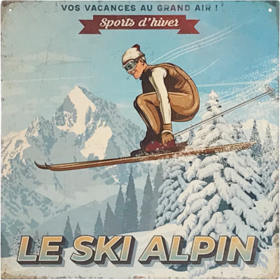 Plaque métal – Le ski alpin – vacances au grand air – 29 x 29 cm Cadres et déco meublespin.fr - mobilier et de décoration de style montagne ou chalet- meubles en pin, mobilier en bois massif de qualité, canapés convertibles - https://meublespin.fr