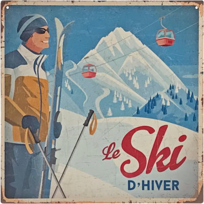 Plaque métal – Le ski d&rsquo;hiver – 29 x 29 cm Cadres et déco meublespin.fr - mobilier et de décoration de style montagne ou chalet- meubles en pin, mobilier en bois massif de qualité, canapés convertibles - https://meublespin.fr