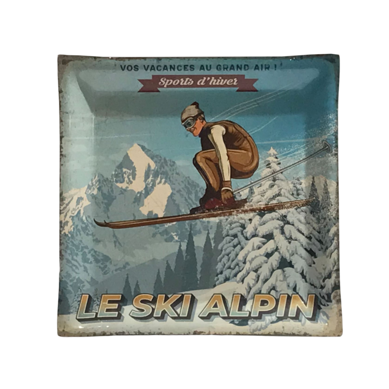 Vide Poche Métal – Le ski alpin – vacances au grand air – 14 x 14 cm Objets à poser meublespin.fr - mobilier et de décoration de style montagne ou chalet- meubles en pin, mobilier en bois massif de qualité, canapés convertibles - https://meublespin.fr