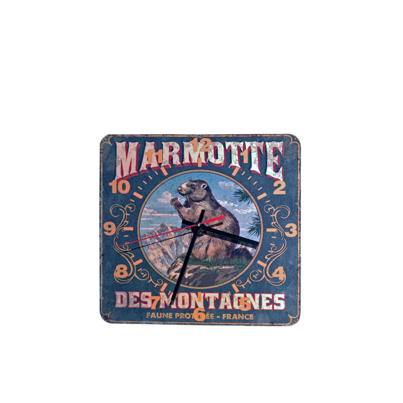 HORLOGE – Marmotte des Montagnes – 29 x 29 cm Horloges meublespin.fr - mobilier et de décoration de style montagne ou chalet- meubles en pin, mobilier en bois massif de qualité, canapés convertibles - https://meublespin.fr