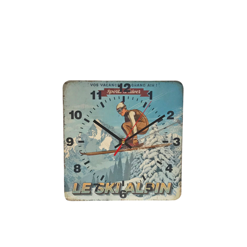 HORLOGE – Ski alpin – vacances au grand air – 29 x 29 cm Horloges meublespin.fr - mobilier et de décoration de style montagne ou chalet- meubles en pin, mobilier en bois massif de qualité, canapés convertibles - https://meublespin.fr