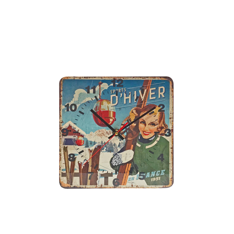 HORLOGE – Sports d’Hiver en France 1951 – 29 x 29 cm Horloges meublespin.fr - mobilier et de décoration de style montagne ou chalet- meubles en pin, mobilier en bois massif de qualité, canapés convertibles - https://meublespin.fr