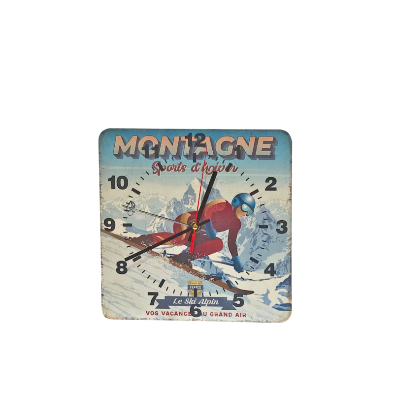 HORLOGE – Montagne – Sports d’Hiver -Grand Air – 29 x 29 cm Horloges meublespin.fr - mobilier et de décoration de style montagne ou chalet- meubles en pin, mobilier en bois massif de qualité, canapés convertibles - https://meublespin.fr