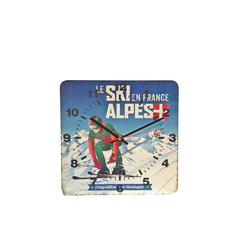 HORLOGE – Ski en France – Alpes – Compétition – 29 x 29 cm Horloges meublespin.fr - mobilier et de décoration de style montagne ou chalet- meubles en pin, mobilier en bois massif de qualité, canapés convertibles - https://meublespin.fr