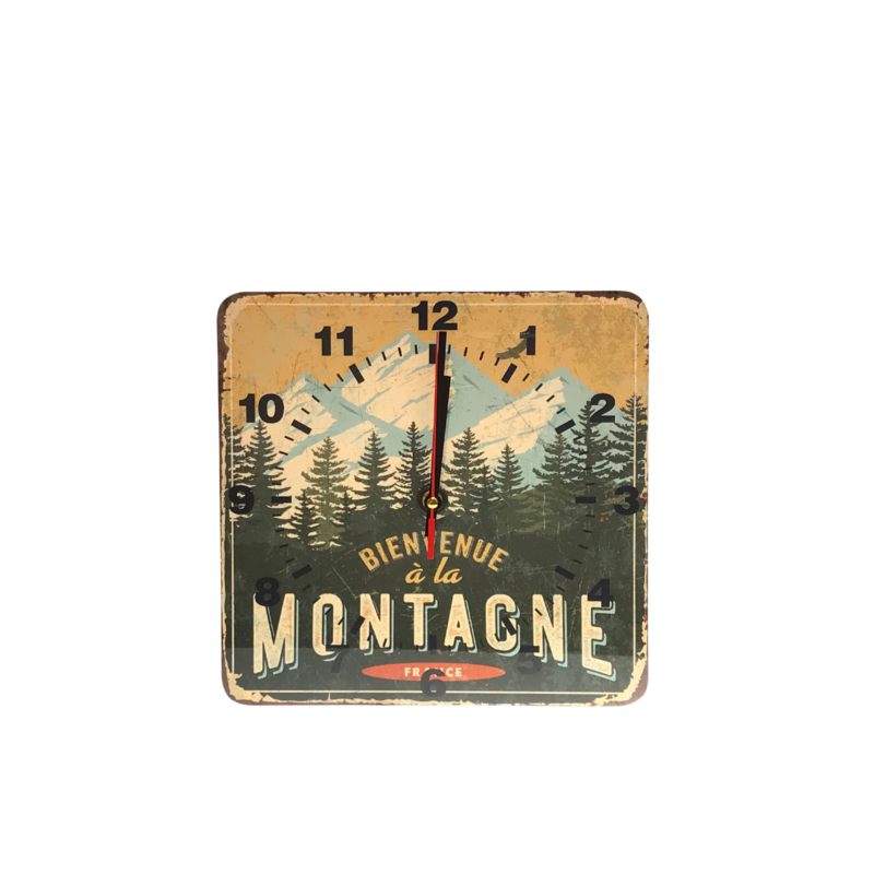 HORLOGE – Bienvenue à la Montagne – France – 29 x 29 cm Horloges meublespin.fr - mobilier et de décoration de style montagne ou chalet- meubles en pin, mobilier en bois massif de qualité, canapés convertibles - https://meublespin.fr