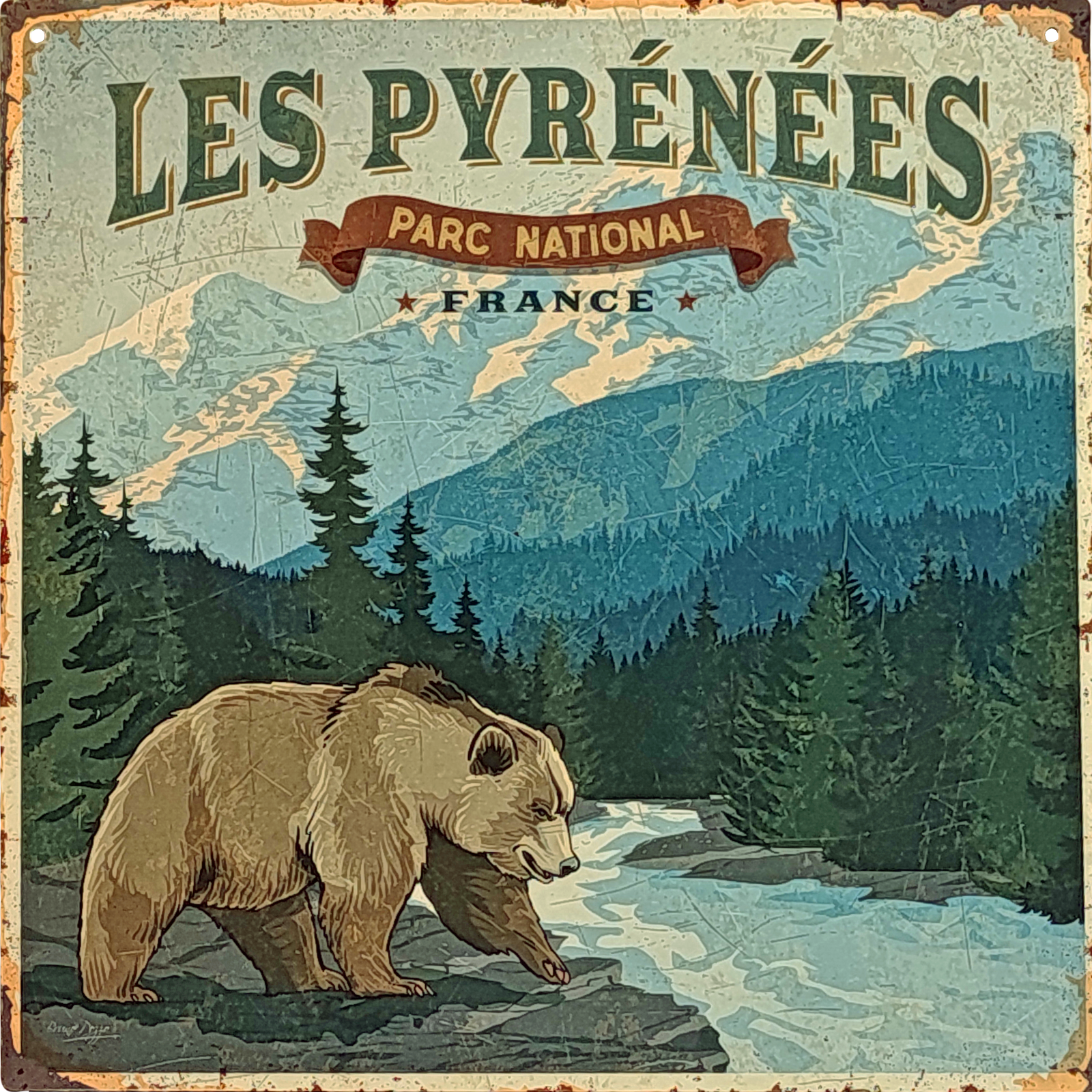 Plaque métal - Pyrénées - parc national - ours - 29 x 29 cm