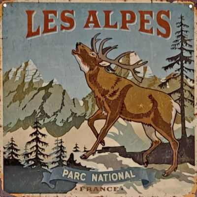 Plaque métal – Les Alpes – parc national – cerf – 29 x 29 cm Cadres et déco meublespin.fr - mobilier et de décoration de style montagne ou chalet- meubles en pin, mobilier en bois massif de qualité, canapés convertibles - https://meublespin.fr