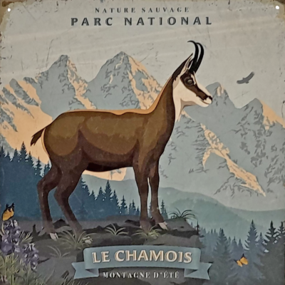 Plaque métal – Parc National – Le Chamois – 29 x 29 cm Cadres et déco meublespin.fr - mobilier et de décoration de style montagne ou chalet- meubles en pin, mobilier en bois massif de qualité, canapés convertibles - https://meublespin.fr