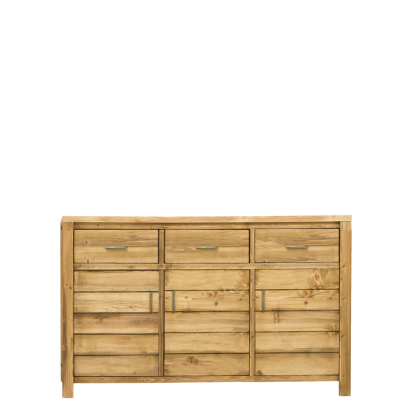 Buffet Bas 3 Portes + 3 Tiroirs en Pin Brossé Montana 140 cm Buffets & bahuts en bois massif meublespin.fr - vente de mobilier et de décoration de style montagne ou chalet- vente de meubles en pin et canapés convertibles - https://meublespin.fr