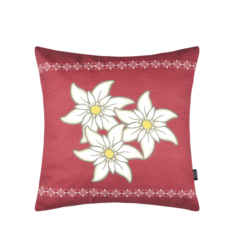 Coussin 50×50 – Altitude – motif edelweiss Plaids et coussins meublespin.fr - mobilier et de décoration de style montagne ou chalet- meubles en pin, mobilier en bois massif de qualité, canapés convertibles - https://meublespin.fr