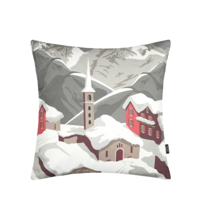 Coussin 50×50 – Gîtes – motif village Plaids et coussins meublespin.fr - mobilier et de décoration de style montagne ou chalet- meubles en pin, mobilier en bois massif de qualité, canapés convertibles - https://meublespin.fr