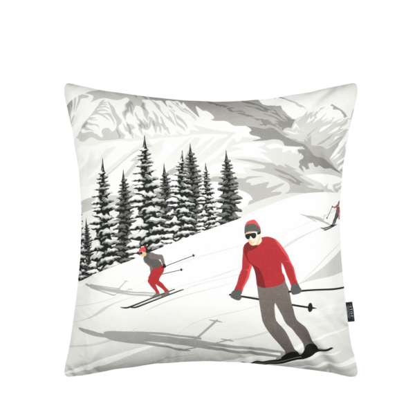 Coussin 50×50 – Pistes – motif skieur Plaids et coussins meublespin.fr - vente de mobilier et de décoration de style montagne ou chalet- vente de meubles en pin et canapés convertibles - https://meublespin.fr