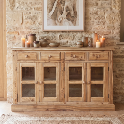 Buffet bas 4 portes vitrées en Bois Massif Brossé Arcachon - meublespin.fr - Vaisseliers en bois massif Buffet bas 4 portes vitrées en Bois Massif Brossé Arcachon Vaisseliers en bois massif meublespin.fr - mobilier et de décoration de style montagne ou chalet- meubles en pin, mobilier en bois massif de qualité, canapés convertibles - https://meublespin.fr