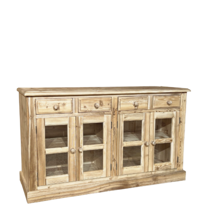 Buffet bas 4 portes vitrées en Bois Massif Brossé Arcachon Vaisseliers en bois massif meublespin.fr - mobilier et de décoration de style montagne ou chalet- meubles en pin, mobilier en bois massif de qualité, canapés convertibles - https://meublespin.fr