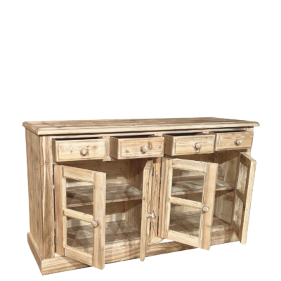 Buffet bas 4 portes vitrées en Bois Massif Brossé Arcachon Vaisseliers en bois massif meublespin.fr - mobilier et de décoration de style montagne ou chalet- meubles en pin, mobilier en bois massif de qualité, canapés convertibles - https://meublespin.fr