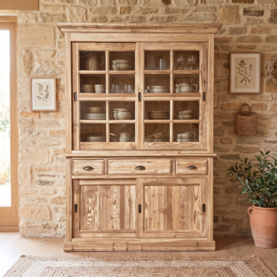 Vaisselier 4 portes coulissantes en Bois Massif Brossé - meublespin.fr - Vaisseliers en bois massif Vaisselier 4 portes coulissantes en Bois Massif Brossé Vaisseliers en bois massif meublespin.fr - mobilier et de décoration de style montagne ou chalet- meubles en pin, mobilier en bois massif de qualité, canapés convertibles - https://meublespin.fr