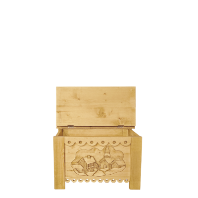Coffre en Pin Massif Sculpté Village 70 cm Les Coffres meublespin.fr - mobilier et de décoration de style montagne ou chalet- meubles en pin, mobilier en bois massif de qualité, canapés convertibles - https://meublespin.fr