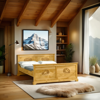 Lit Chalet Sculpté en Pin Massif 160 x 200 cm Chalet meublespin.fr - mobilier et de décoration de style montagne ou chalet- meubles en pin, mobilier en bois massif de qualité, canapés convertibles - https://meublespin.fr