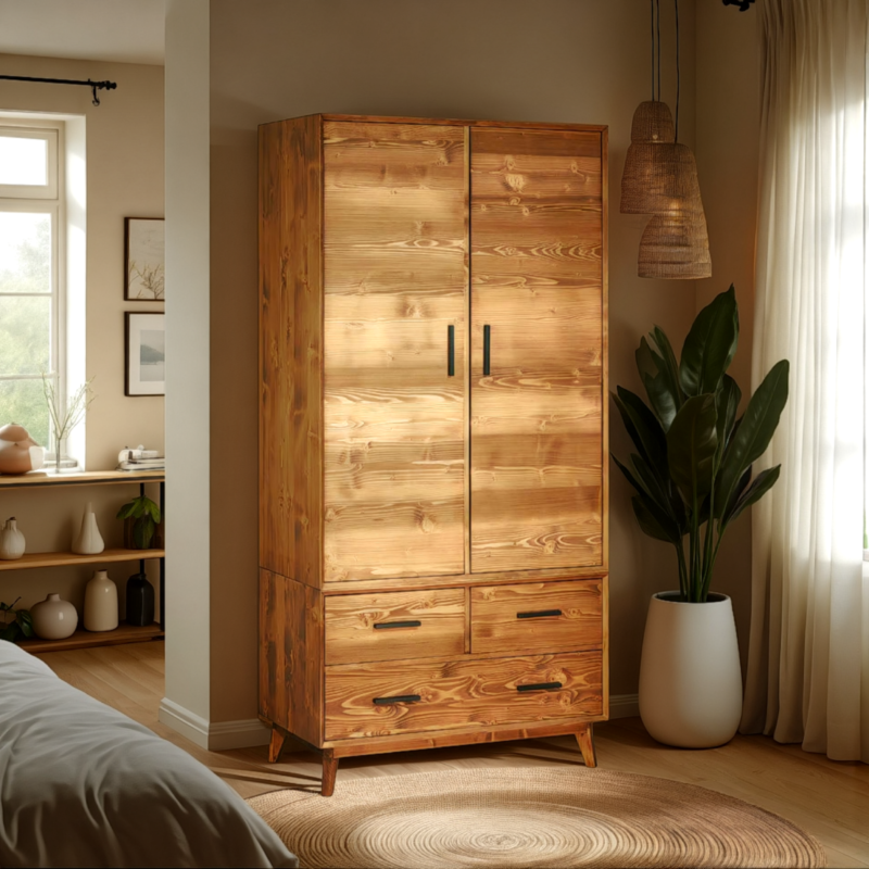 Armoire 2 Portes et 3 tiroirs en Pin Massif – Avignon Armoires en bois massif meublespin.fr - mobilier et de décoration de style montagne ou chalet- meubles en pin, mobilier en bois massif de qualité, canapés convertibles - https://meublespin.fr