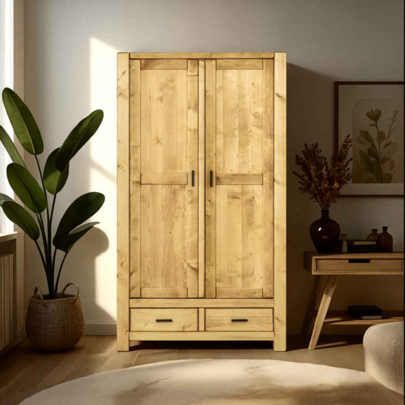 Armoire 2 Portes Battantes et 2 Tiroirs Morzine en Pin Massif Armoires en bois massif meublespin.fr - mobilier et de décoration de style montagne ou chalet- meubles en pin, mobilier en bois massif de qualité, canapés convertibles - https://meublespin.fr