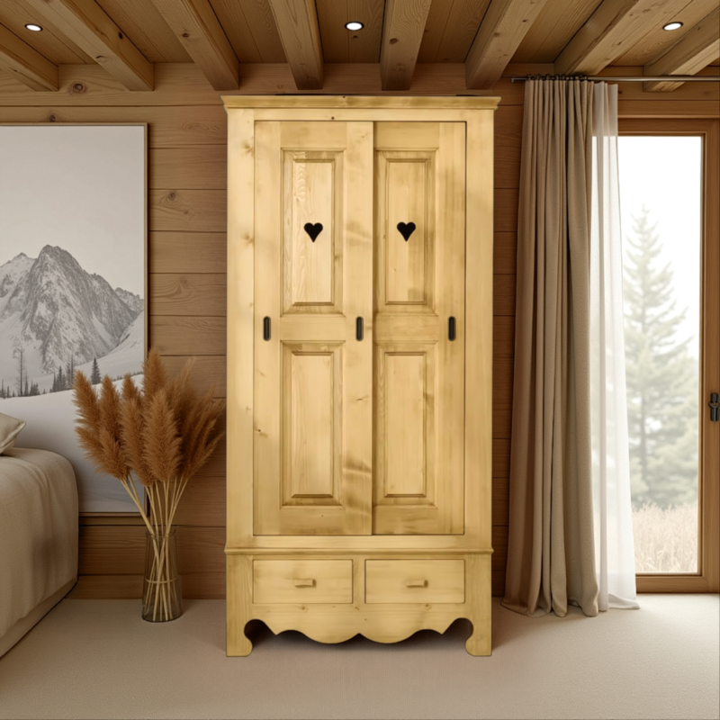Armoire 2 Portes Coulissantes + 2 Tiroirs en Pin Massif Chamonix Chamonix meublespin.fr - mobilier et de décoration de style montagne ou chalet- meubles en pin, mobilier en bois massif de qualité, canapés convertibles - https://meublespin.fr