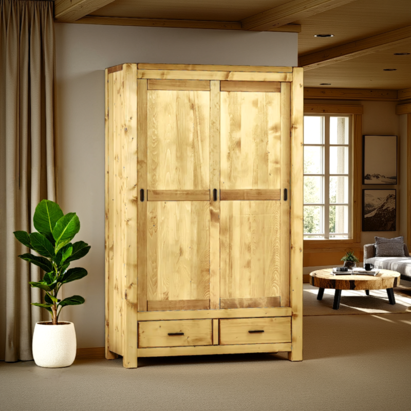 Armoire 2 Portes Coulissantes et 2 Tiroirs Morzine en Pin Massif Armoires en bois massif meublespin.fr - mobilier et de décoration de style montagne ou chalet- meubles en pin, mobilier en bois massif de qualité, canapés convertibles - https://meublespin.fr