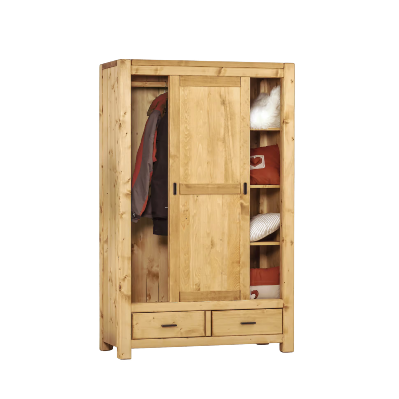 Armoire 2 Portes Coulissantes et 2 Tiroirs Morzine en Pin Massif Armoires en bois massif meublespin.fr - mobilier et de décoration de style montagne ou chalet- meubles en pin, mobilier en bois massif de qualité, canapés convertibles - https://meublespin.fr