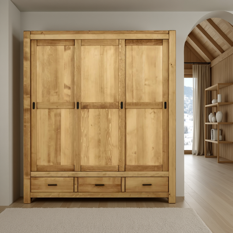 Armoire 3 Portes Coulissantes Morzine en Pin Massif Armoires en bois massif meublespin.fr - mobilier et de décoration de style montagne ou chalet- meubles en pin, mobilier en bois massif de qualité, canapés convertibles - https://meublespin.fr