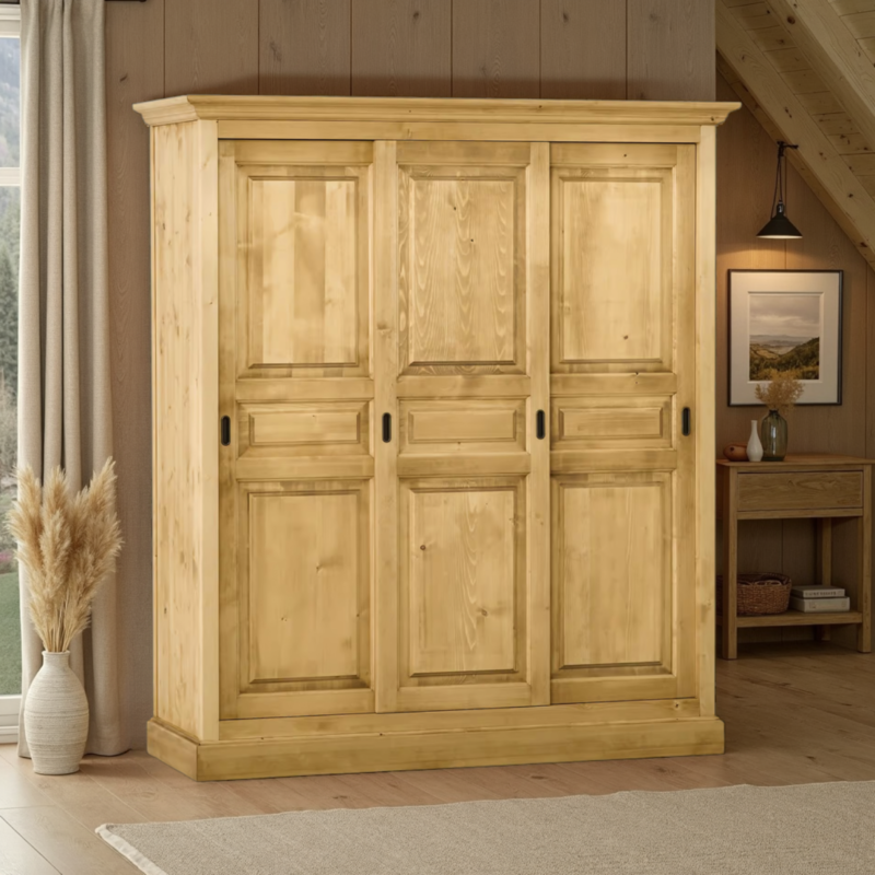 Armoire 3 Portes Coulissantes en Pin Massif Armoires en bois massif meublespin.fr - mobilier et de décoration de style montagne ou chalet- meubles en pin, mobilier en bois massif de qualité, canapés convertibles - https://meublespin.fr