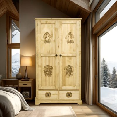 Armoire 2 Portes et 2 Tiroirs en Pin Massif Sculpté Armoires en bois massif meublespin.fr - mobilier et de décoration de style montagne ou chalet- meubles en pin, mobilier en bois massif de qualité, canapés convertibles - https://meublespin.fr