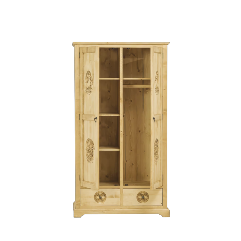 Armoire 2 Portes et 2 Tiroirs en Pin Massif Sculpté Armoires en bois massif meublespin.fr - mobilier et de décoration de style montagne ou chalet- meubles en pin, mobilier en bois massif de qualité, canapés convertibles - https://meublespin.fr