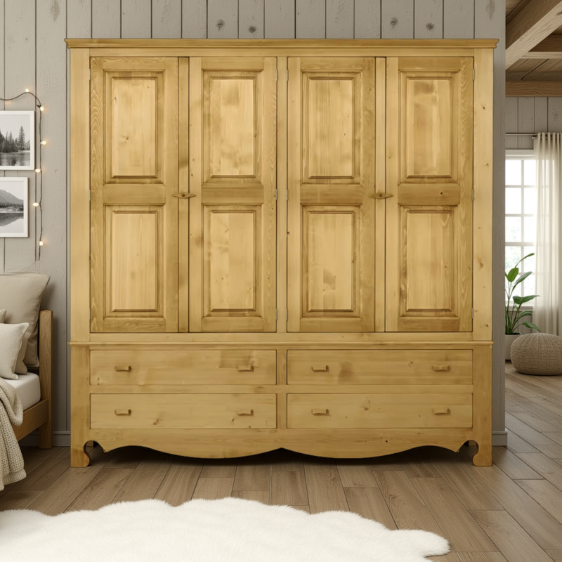 Armoire 4 Portes, 4 Tiroirs Chamonix en Pin Massif sans coeur Armoires en bois massif meublespin.fr - mobilier et de décoration de style montagne ou chalet- meubles en pin, mobilier en bois massif de qualité, canapés convertibles - https://meublespin.fr