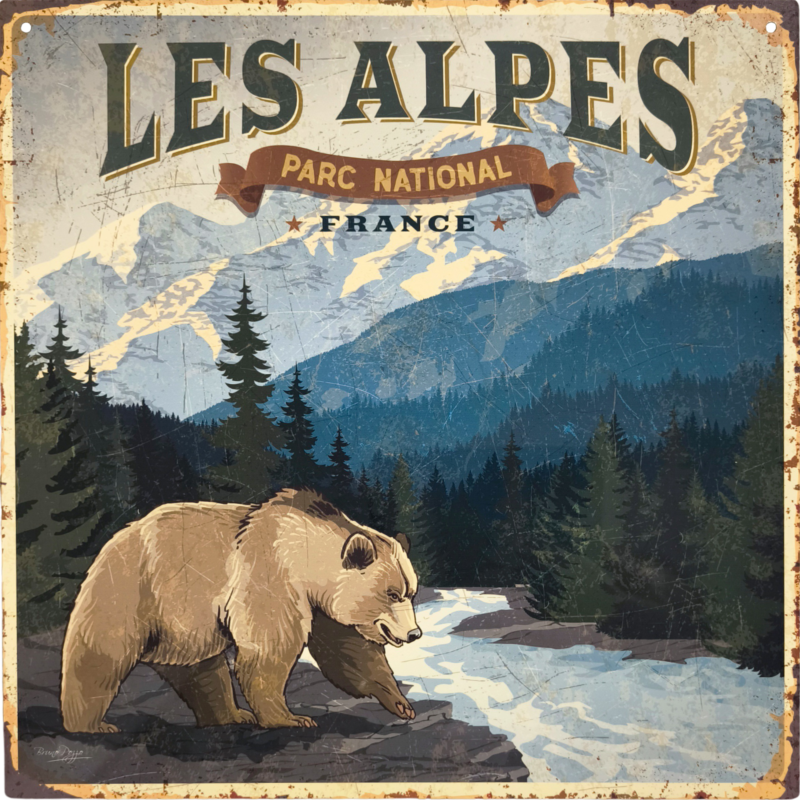 Plaque métal – Alpes – parc national – ours – 29 x 29 cm Cadres et déco meublespin.fr - mobilier et de décoration de style montagne ou chalet- meubles en pin, mobilier en bois massif de qualité, canapés convertibles - https://meublespin.fr