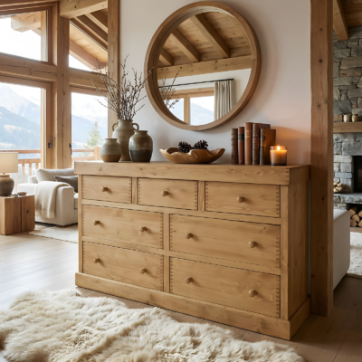 Commode 7 Tiroirs en Pin Massif Megève 140 cm Commodes en bois massif meublespin.fr - mobilier et de décoration de style montagne ou chalet- meubles en pin, mobilier en bois massif de qualité, canapés convertibles - https://meublespin.fr