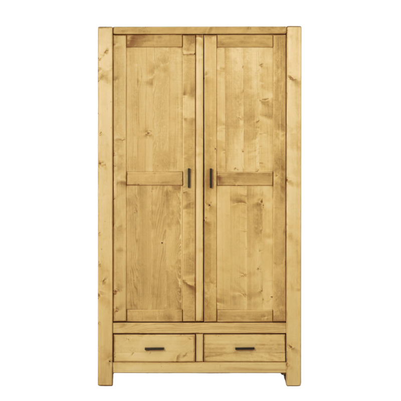 Armoire 2 Portes et 2 Tiroirs – penderie + rayonnages – Morzine en Pin Massif Armoires en bois massif meublespin.fr - mobilier et de décoration de style montagne ou chalet- meubles en pin, mobilier en bois massif de qualité, canapés convertibles - https://meublespin.fr
