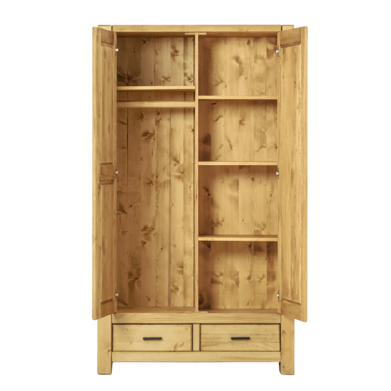 Armoire 2 Portes et 2 Tiroirs – penderie + rayonnages – Morzine en Pin Massif Armoires en bois massif meublespin.fr - mobilier et de décoration de style montagne ou chalet- meubles en pin, mobilier en bois massif de qualité, canapés convertibles - https://meublespin.fr