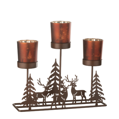 Photophore en métal Hiver – cerfs et sapins – 3 verres Objets à poser meublespin.fr - mobilier et de décoration de style montagne ou chalet- meubles en pin, mobilier en bois massif de qualité, canapés convertibles - https://meublespin.fr