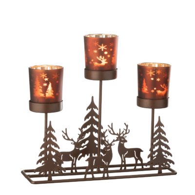 Photophore en métal Hiver – cerfs et sapins – 3 verres Objets à poser meublespin.fr - mobilier et de décoration de style montagne ou chalet- meubles en pin, mobilier en bois massif de qualité, canapés convertibles - https://meublespin.fr