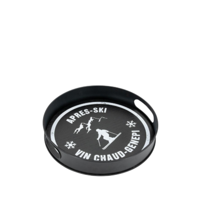 Plateau rond, 31cm noir après ski, motif skieur Objets à poser meublespin.fr - mobilier et de décoration de style montagne ou chalet- meubles en pin, mobilier en bois massif de qualité, canapés convertibles - https://meublespin.fr