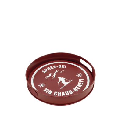 Plateau rond, 31cm rouge après ski, motif skieur Objets à poser meublespin.fr - mobilier et de décoration de style montagne ou chalet- meubles en pin, mobilier en bois massif de qualité, canapés convertibles - https://meublespin.fr