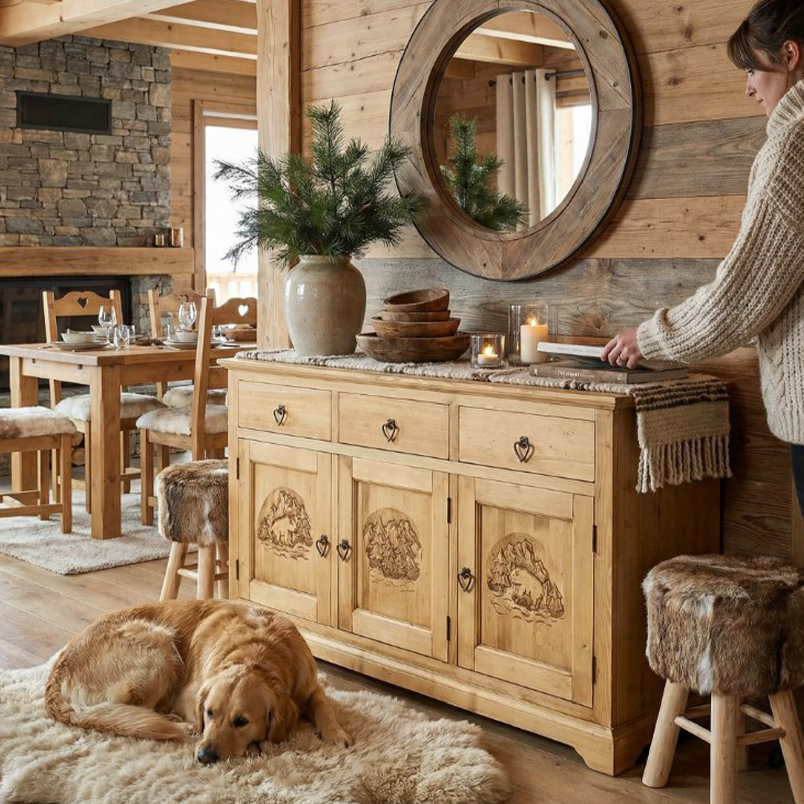 Buffet Bas Chalet Sculpté 3 Portes + 3 Tiroirs en Pin Massif 153 cm - meublespin.fr - Buffets & bahuts en bois massif Buffet Bas Chalet Sculpté 3 Portes + 3 Tiroirs en Pin Massif 153 cm Buffets & bahuts en bois massif meublespin.fr - mobilier et de décoration de style montagne ou chalet- meubles en pin, mobilier en bois massif de qualité, canapés convertibles - https://meublespin.fr