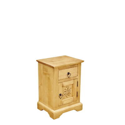 Chevet Chalet Sculpté 1 Porte 1 Tiroir en Pin Massif Chevets meublespin.fr - mobilier et de décoration de style montagne ou chalet- meubles en pin, mobilier en bois massif de qualité, canapés convertibles - https://meublespin.fr