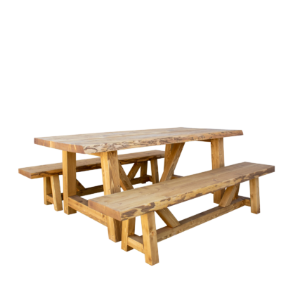 PACK 9: Table tronc & 2 bancs en Pin massif brossé 200 cm Chamonix meublespin.fr - mobilier et de décoration de style montagne ou chalet- meubles en pin, mobilier en bois massif de qualité, canapés convertibles - https://meublespin.fr