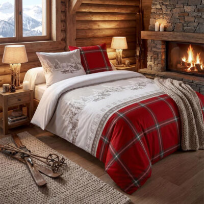 Housse de Couette et 2 taies 100% Coton – Veran rouge Les Housses de Couettes meublespin.fr - mobilier et de décoration de style montagne ou chalet- meubles en pin, mobilier en bois massif de qualité, canapés convertibles - https://meublespin.fr